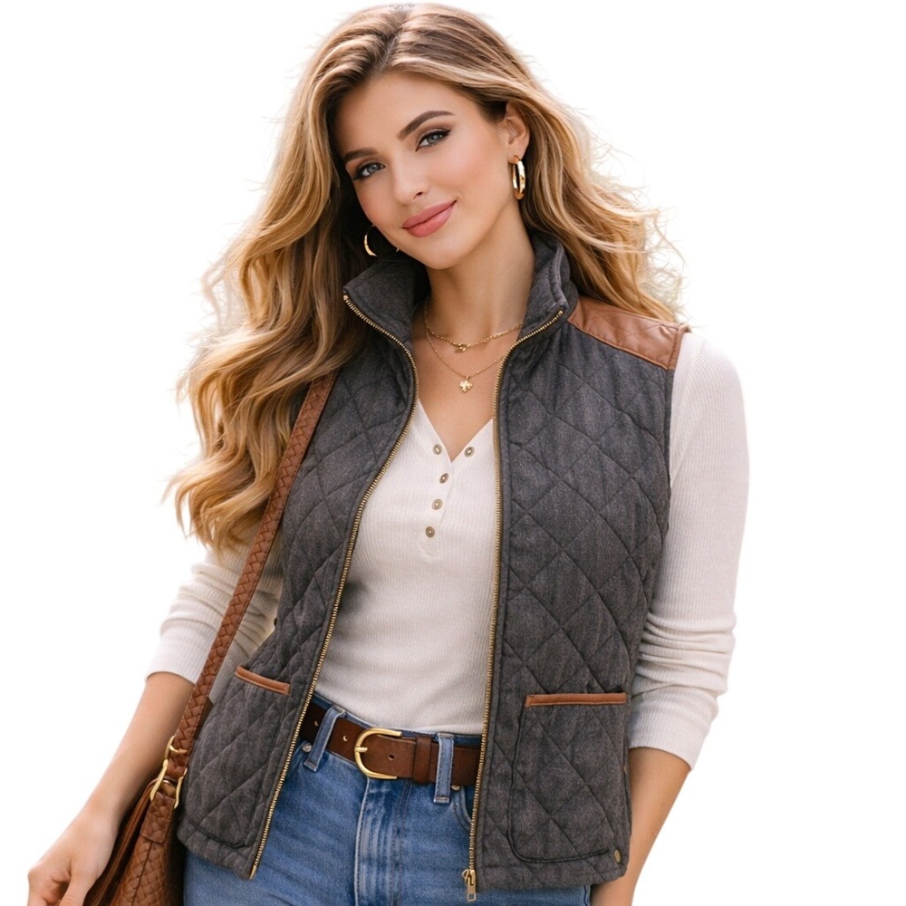 Lauren Jean Co Women's Vest‎ Diamon Quilted Equestrian Leather Details Full Zip